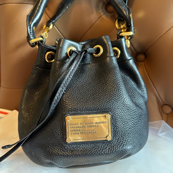 Marc by Marc Jacobs Black Leather Mini Shoulder Bucket Bag with Gold Accents - Picture 1 of 4